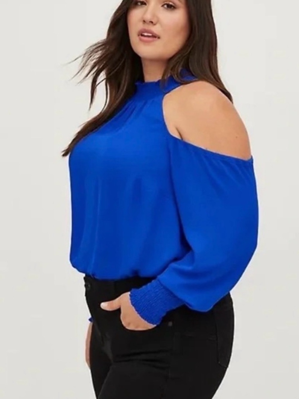 Torrid NWT Georgette Smocked Neck Cold Shoulder Blouse in Electric Blue